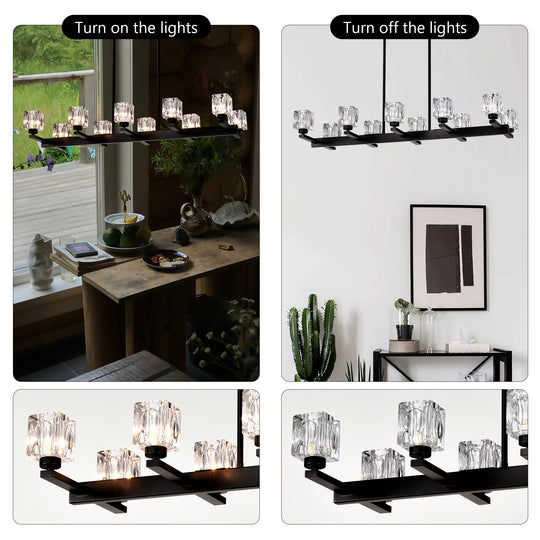 Chandelier For Dining Room, 10-Light Black Farmhouse Linear Pendant Light Fixture, Modern Crystal Hanging Lighting Chandelier For Kitchen Island, Bar, Long Table, G9 Bulb