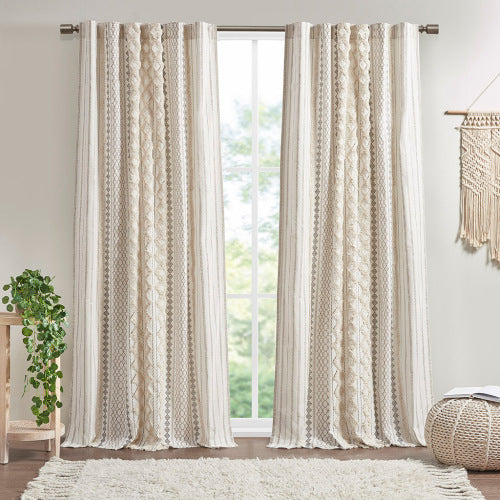 Cotton Printed Curtain Panel With Chenille Stripe And Lining Ivory 50x84