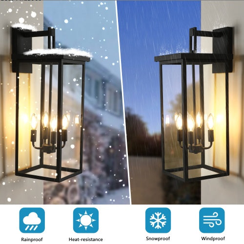 26H 1ps Modern Outdoor Wall Lanterns With Black Metal Frame And Clear Glass, 4 E12 Bulb Socket, Weatherproof Wall Sconces For Porch, Garden, Patio No Bulbs