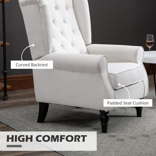 Cream White High Back Accent Chair With Wooden Legs, Removable Cushion For Living Room, Club, Bedroom