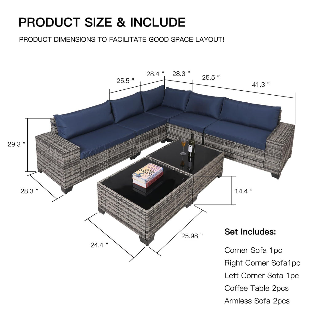 7-Piece Outdoor Patio Furniture Sets, All-Weather Wicker Rattan Sectional Sofa, Modern Two Glass Coffee Table And Washable Seat Cushion