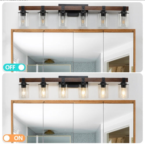 42 Rustic 6-Light Vanity Light, Industrial Bathroom Wall Sconce With Glass Shades And Wood Accent, Modern Farmhouse Lighting Fixture No Bulbs