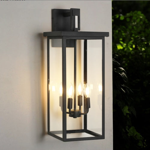 26H 1ps Modern Outdoor Wall Lanterns With Black Metal Frame And Clear Glass, 4 E12 Bulb Socket, Weatherproof Wall Sconces For Porch, Garden, Patio No Bulbs