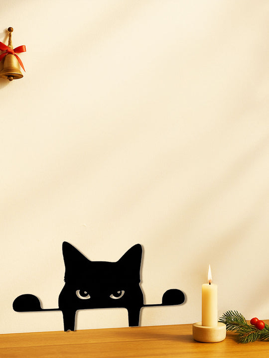 Elegant Iron Art Silhouette Black Metal Peeping Cat Sculpture, Lawn And Yard