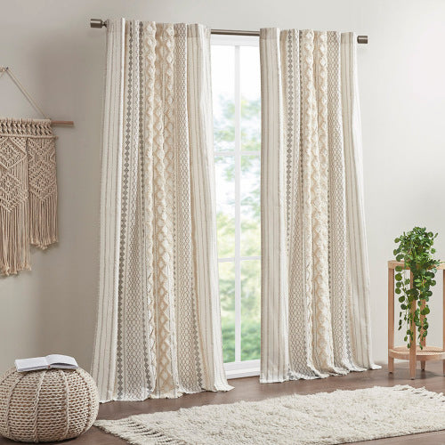 Cotton Printed Curtain Panel With Chenille Stripe And Lining Ivory 50x84