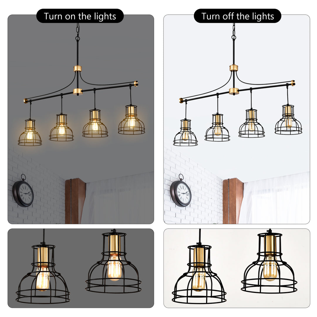 Dining Room Light Fixture Chandelier Over Table, 40-Inch Hanging For Farmhouse Linear Chandeliers,4-Light Kitchen Island Lighting,Matte Black And Matte Gold Ceiling Chandelier,with Metal Lampshade