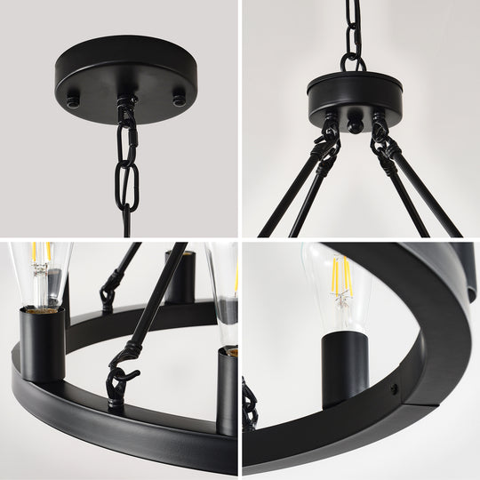 8-Light No Bulbs Matte Black Wagon Wheel Chandelier Farmhouse Modern Small Round Chandelier For Living Room Kitchen Island Foyer Hallway Entryway Bedroom Dining Room Light Fixture Ceiling Hanging