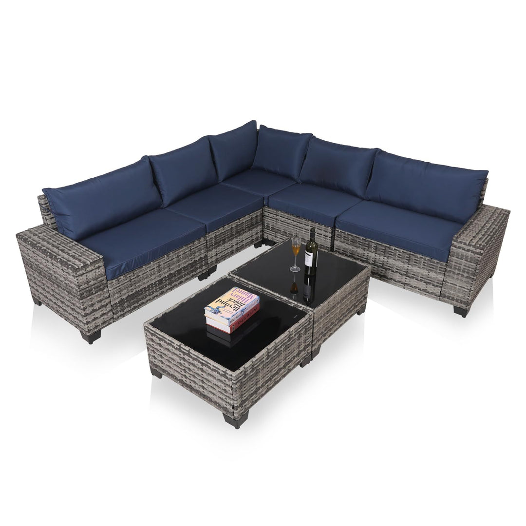 7-Piece Outdoor Patio Furniture Sets, All-Weather Wicker Rattan Sectional Sofa, Modern Two Glass Coffee Table And Washable Seat Cushion