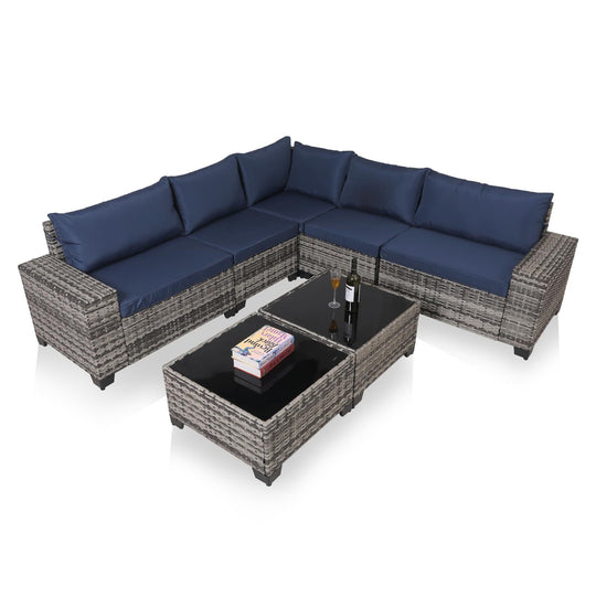 7-Piece Outdoor Patio Furniture Sets, All-Weather Wicker Rattan Sectional Sofa, Modern Two Glass Coffee Table And Washable Seat Cushion