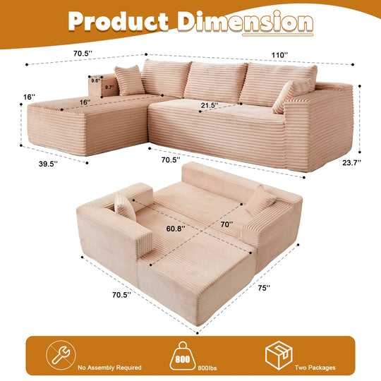 L-Shaped Compression Sofa Bed, Convertible Sectional Sofa With Pillow Back Support - Foldable Floor Couch Lounger, Corduroy Fabric Futon Sleeper For Living Room, Bedroom, Game Room NO TEMU