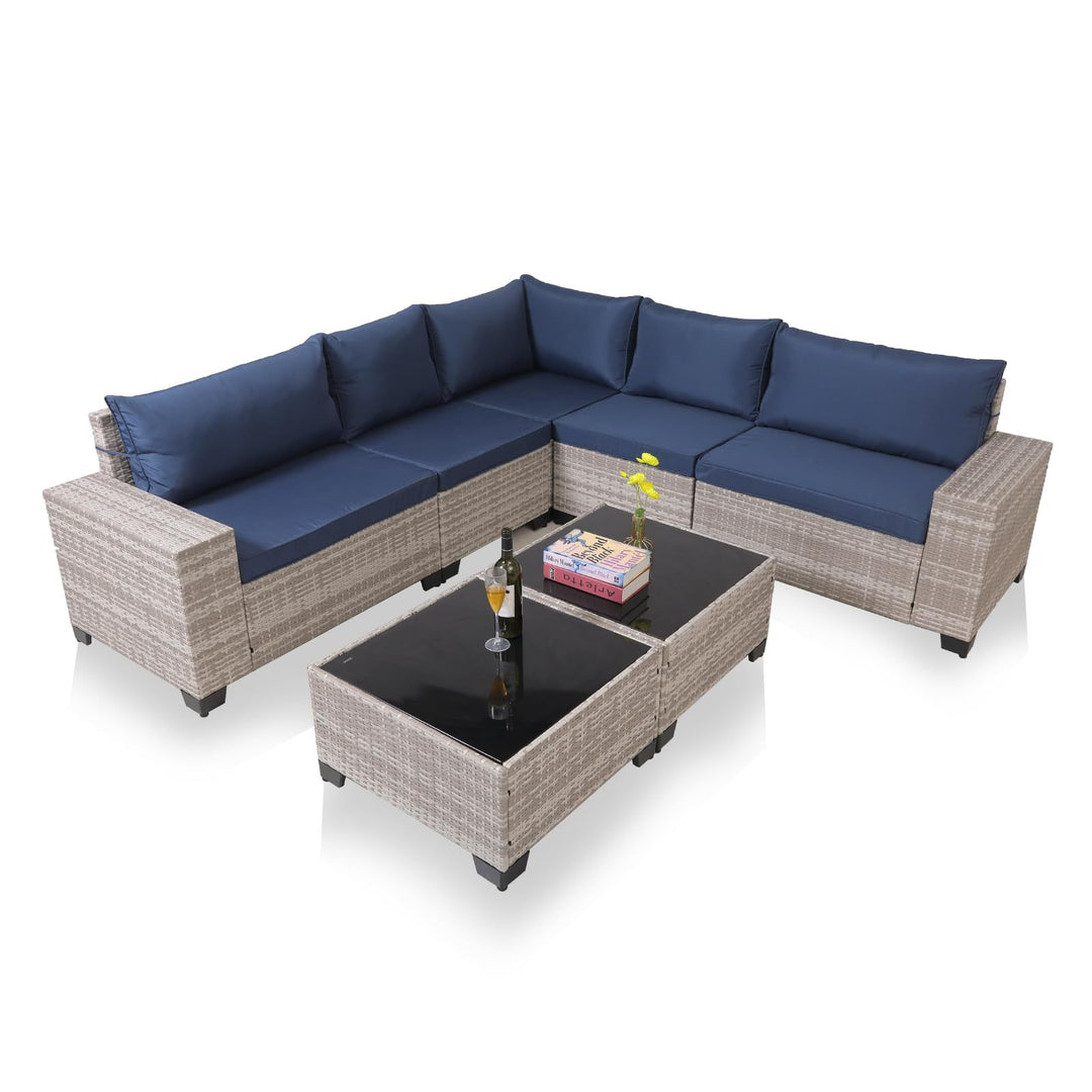 7-Piece Outdoor Patio Furniture Sets, All-Weather Wicker Rattan Sectional Sofa, Modern Two Glass Coffee Table And Washable Seat Cushion