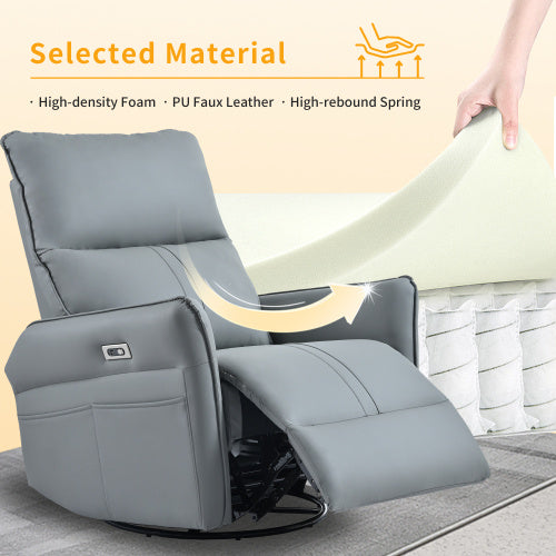 270 Power Swivel Rocker Recliner Chair, PU Leather Electric Glider Reclining Sofa With USB Ports, Power Swivel Glider, Rocking Chair,Nursery Recliners For Living Room Bedroom  Light Gray  270Swivel