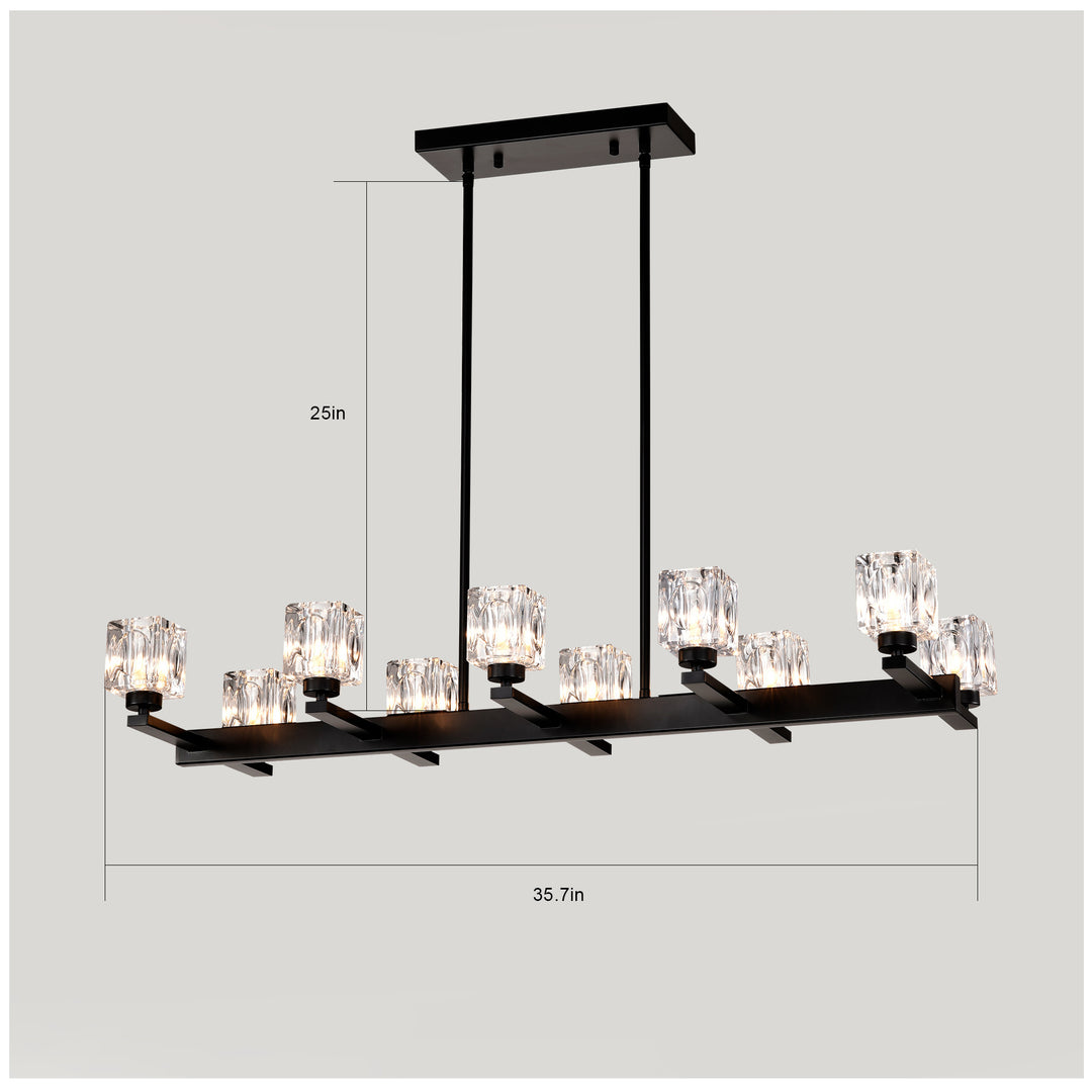Chandelier For Dining Room, 10-Light Black Farmhouse Linear Pendant Light Fixture, Modern Crystal Hanging Lighting Chandelier For Kitchen Island, Bar, Long Table, G9 Bulb