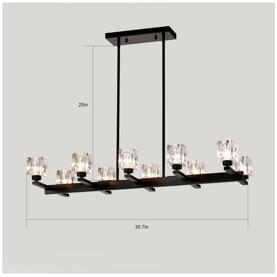 Chandelier For Dining Room, 10-Light Black Farmhouse Linear Pendant Light Fixture, Modern Crystal Hanging Lighting Chandelier For Kitchen Island, Bar, Long Table, G9 Bulb