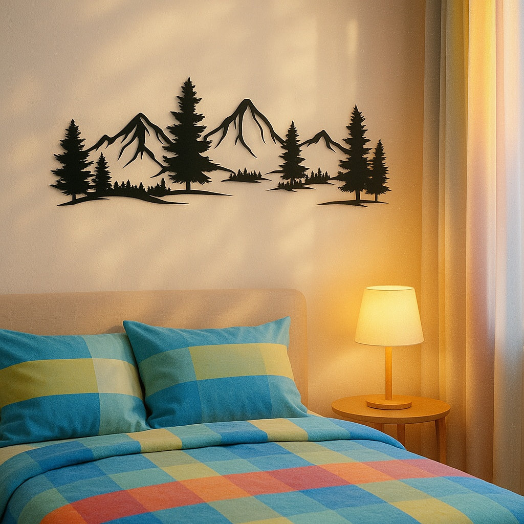 Rustic Metallic Wall Art,Evergreen Forest Mountain Design,Great For Child's Room