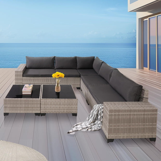 7-Piece Outdoor Patio Furniture Sets, All-Weather Wicker Rattan Sectional Sofa, Modern Two Glass Coffee Table And Washable Seat Cushion