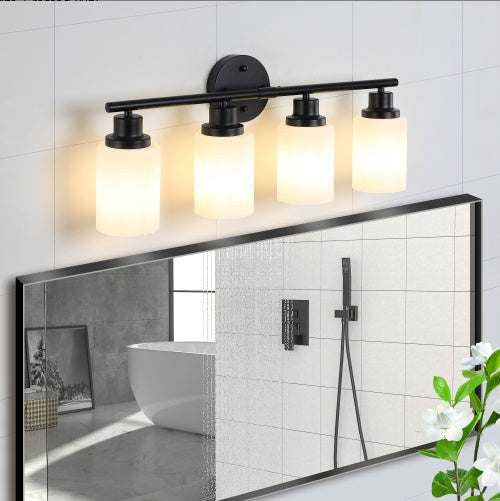 24 Modern 4-Light Vanity Bathroom Mirror Light, Frosted White Glass With Black Iron Frame, Contemporary Wall Sconce For Bedroom, Bathroom, And Dressing Room Bulb Not Included
