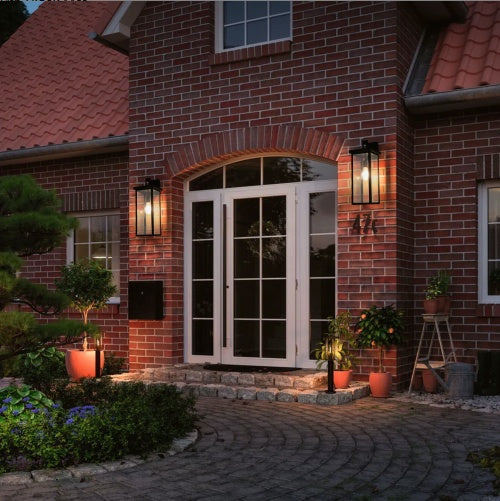 20H Set Of 2 Modern Outdoor Wall Lanterns With Black Metal Frame And Clear Glass, Weatherproof Wall Sconces For Porch, Garage, Or Entryway Lighting, E26 Bulb Compatible No Bulbs