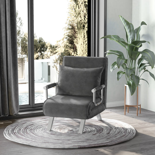 Convertible Sofa Bed 5 Position Folding Sleeper Chair Pillow Steel Frame Dark Grey