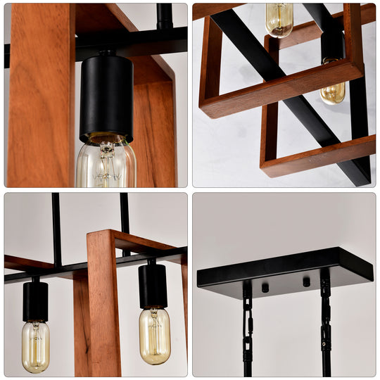 4-Light Kitchen Island Lights Pendant Light Farmhouse Dining Room Light Fixture, Rustic Wood And Black Metal Rectangular Chandelier, Hanging Lighting For Living Room,Conference Room, Home Office