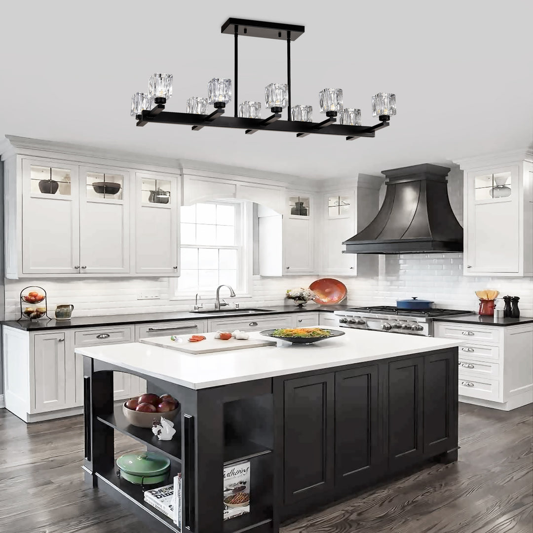 Chandelier For Dining Room, 10-Light Black Farmhouse Linear Pendant Light Fixture, Modern Crystal Hanging Lighting Chandelier For Kitchen Island, Bar, Long Table, G9 Bulb