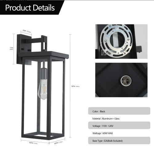20H Set Of 2 Modern Outdoor Wall Lanterns With Black Metal Frame And Clear Glass, Weatherproof Wall Sconces For Porch, Garage, Or Entryway Lighting, E26 Bulb Compatible No Bulbs