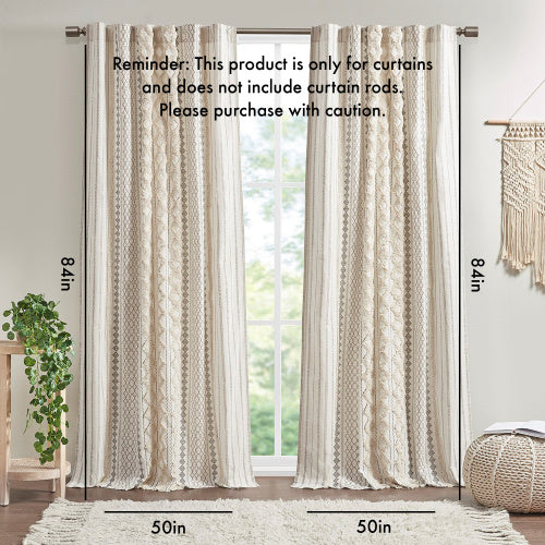 Cotton Printed Curtain Panel With Chenille Stripe And Lining Ivory 50x84