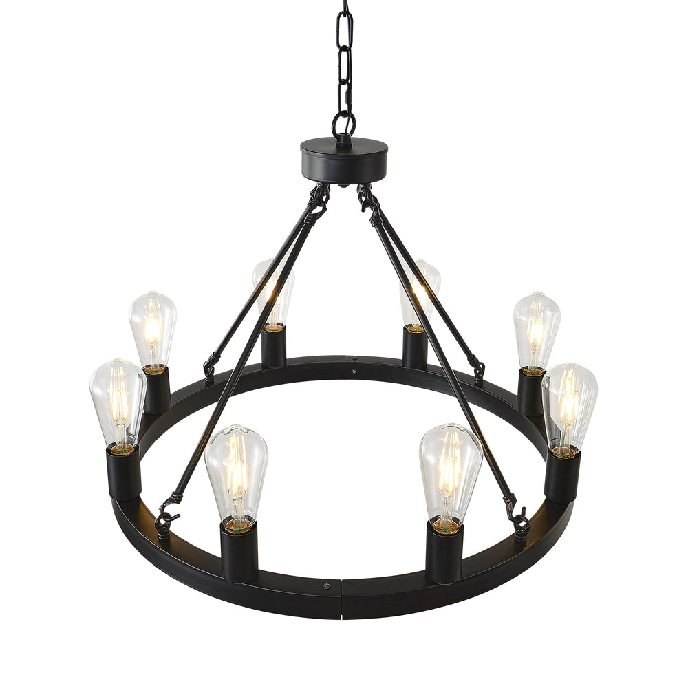 8-Light No Bulbs Matte Black Wagon Wheel Chandelier Farmhouse Modern Small Round Chandelier For Living Room Kitchen Island Foyer Hallway Entryway Bedroom Dining Room Light Fixture Ceiling Hanging