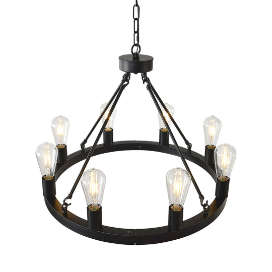 8-Light No Bulbs Matte Black Wagon Wheel Chandelier Farmhouse Modern Small Round Chandelier For Living Room Kitchen Island Foyer Hallway Entryway Bedroom Dining Room Light Fixture Ceiling Hanging