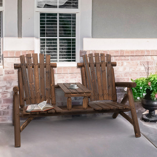 Wood Adirondack Patio Chair Bench With Center Coffee Table, Perfect For Lounging And Relaxing Outdoors Carbonized