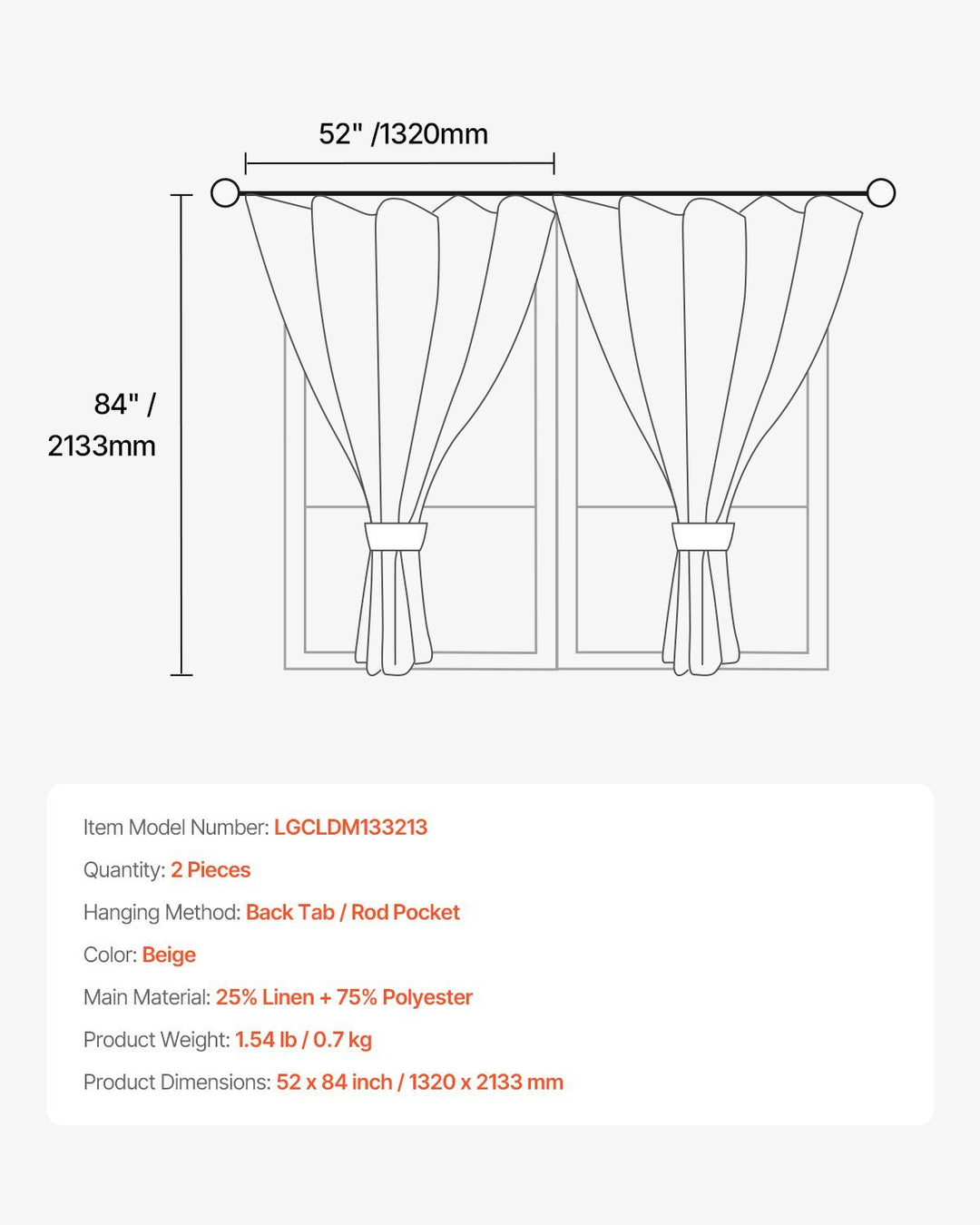 Natural Linen Curtains 52 X 84 Inch 2 Panels Set Semi Sheer Light Filtering