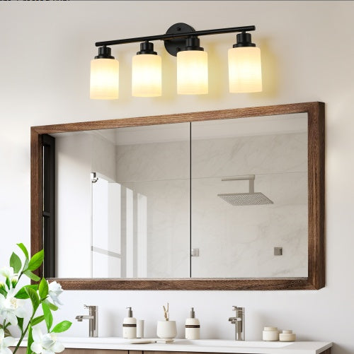 24 Modern 4-Light Vanity Bathroom Mirror Light, Frosted White Glass With Black Iron Frame, Contemporary Wall Sconce For Bedroom, Bathroom, And Dressing Room Bulb Not Included