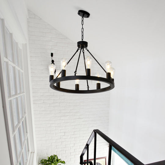 8-Light No Bulbs Matte Black Wagon Wheel Chandelier Farmhouse Modern Small Round Chandelier For Living Room Kitchen Island Foyer Hallway Entryway Bedroom Dining Room Light Fixture Ceiling Hanging