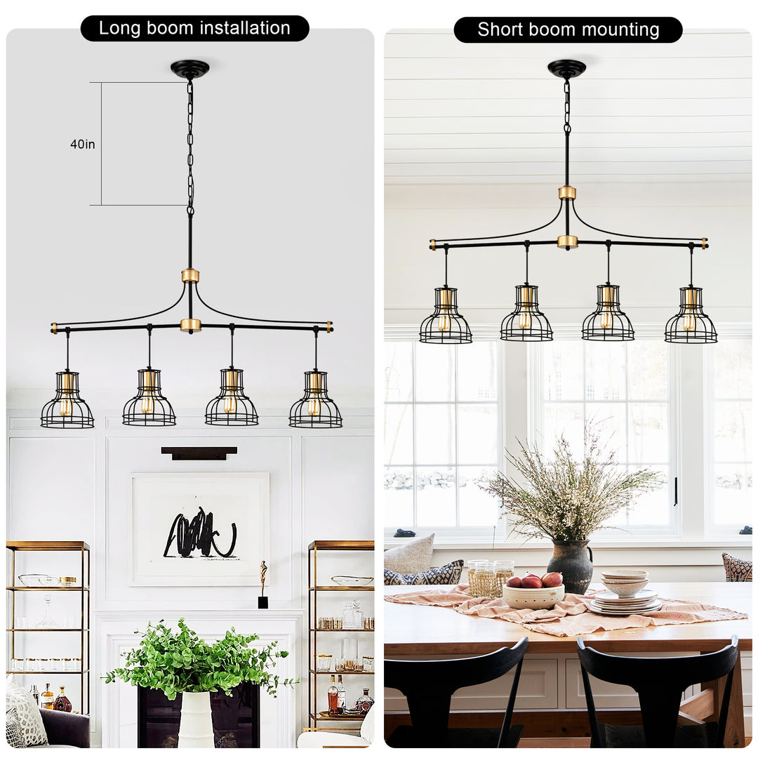 Dining Room Light Fixture Chandelier Over Table, 40-Inch Hanging For Farmhouse Linear Chandeliers,4-Light Kitchen Island Lighting,Matte Black And Matte Gold Ceiling Chandelier,with Metal Lampshade