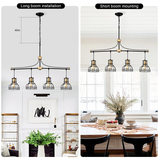 Dining Room Light Fixture Chandelier Over Table, 40-Inch Hanging For Farmhouse Linear Chandeliers,4-Light Kitchen Island Lighting,Matte Black And Matte Gold Ceiling Chandelier,with Metal Lampshade