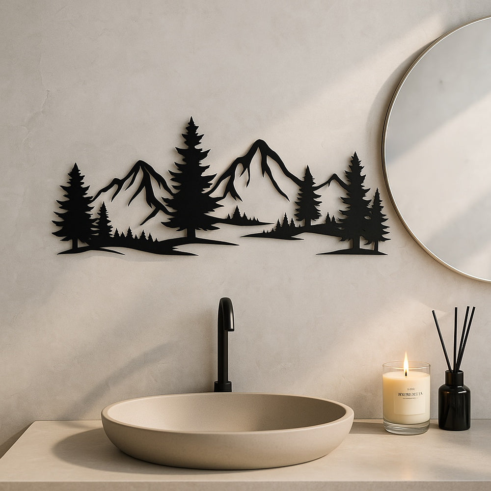 Rustic Metallic Wall Art,Evergreen Forest Mountain Design,Great For Child's Room
