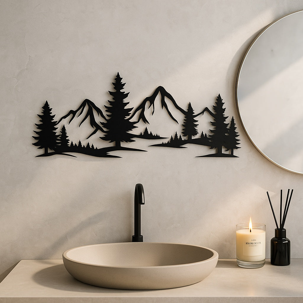 Rustic Metallic Wall Art,Evergreen Forest Mountain Design,Great For Child's Room