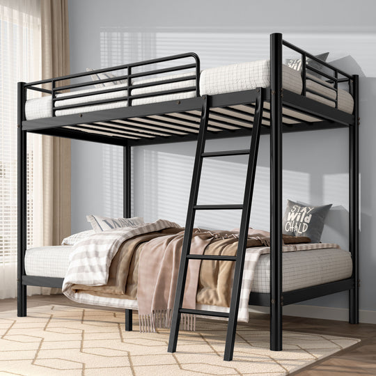 Loft Bunk Bed Twin Over Twin Size With Ladder And Guardrail,Heavy Duty Metal Slats Support No Box Spring Needed Small Space Saving Furniture For Bedroom Dorm,Black