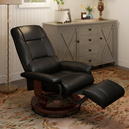 Living Room Relaxation Black Faux Leather Swivel Recliner With Adjustable Footrest