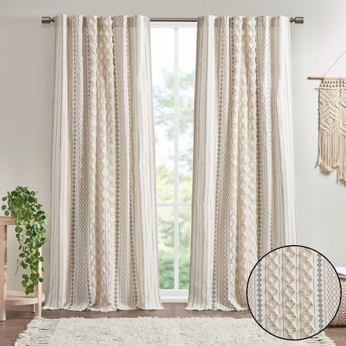 Cotton Printed Curtain Panel With Chenille Stripe And Lining Ivory 50x84