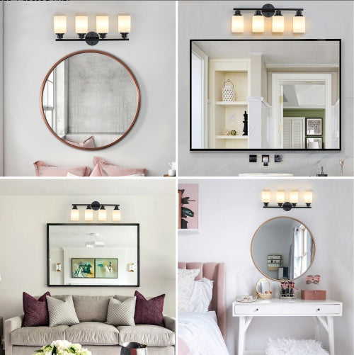 24 Modern 4-Light Vanity Bathroom Mirror Light, Frosted White Glass With Black Iron Frame, Contemporary Wall Sconce For Bedroom, Bathroom, And Dressing Room Bulb Not Included