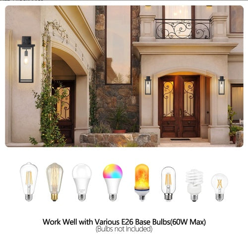 20H Set Of 2 Modern Outdoor Wall Lanterns With Black Metal Frame And Clear Glass, Weatherproof Wall Sconces For Porch, Garage, Or Entryway Lighting, E26 Bulb Compatible No Bulbs