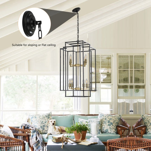 8 Lights Black & Gold Lantern Tiered Chandelier, Industrial Farmhouse Chandelier - No Bulbs Unavailable Platform- Temu