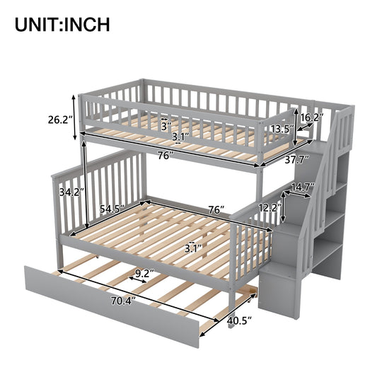 Twin Over Full Bunk Bed With Trundle And Staircase,Gray