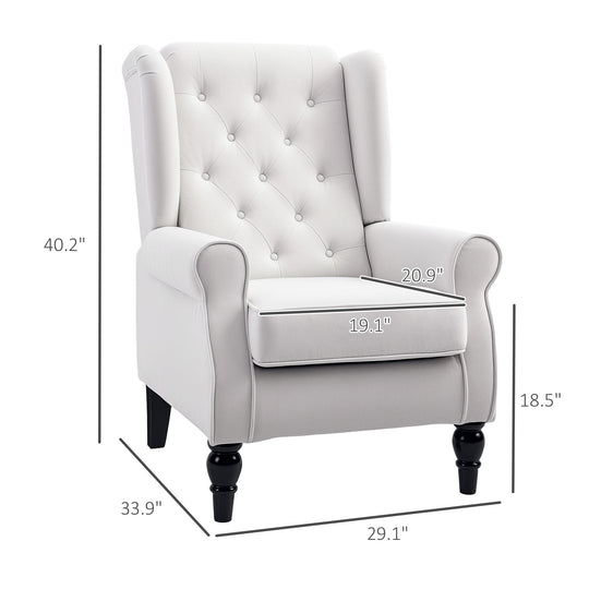 Cream White High Back Accent Chair With Wooden Legs, Removable Cushion For Living Room, Club, Bedroom