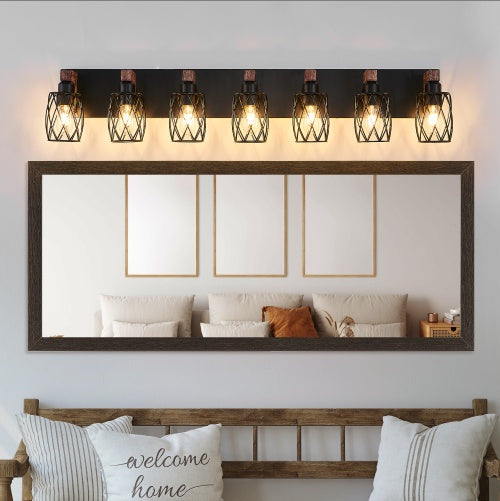 Industrial Vintage 7-Light Wall Sconce - Black Cage Wall Lighting Fixture With Wooden Accents For Bathroom, Hallway, Or Living Room Bulb Not Included